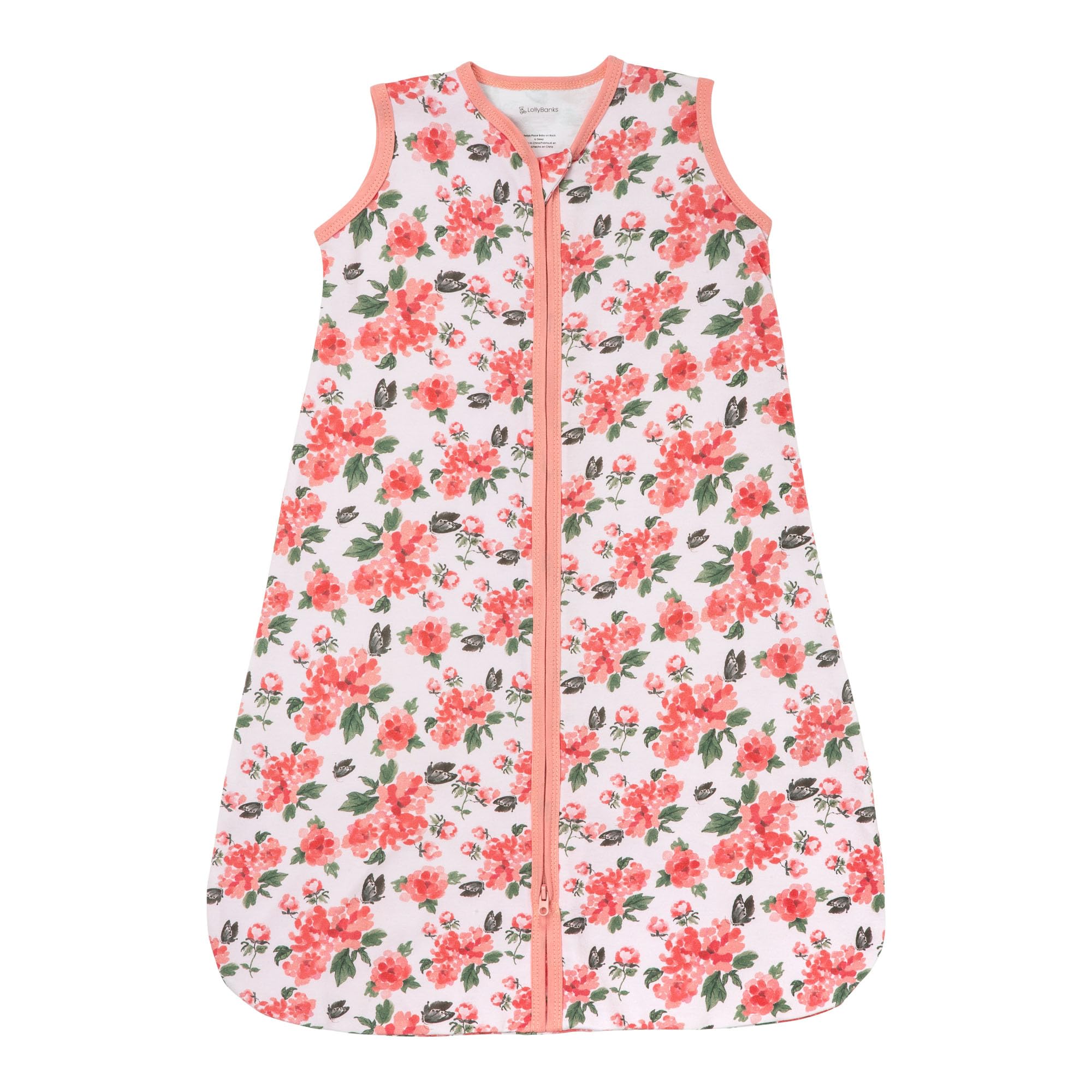 LollyBanks baby sleep sack in pink peony print, breathable cotton for calm nights.