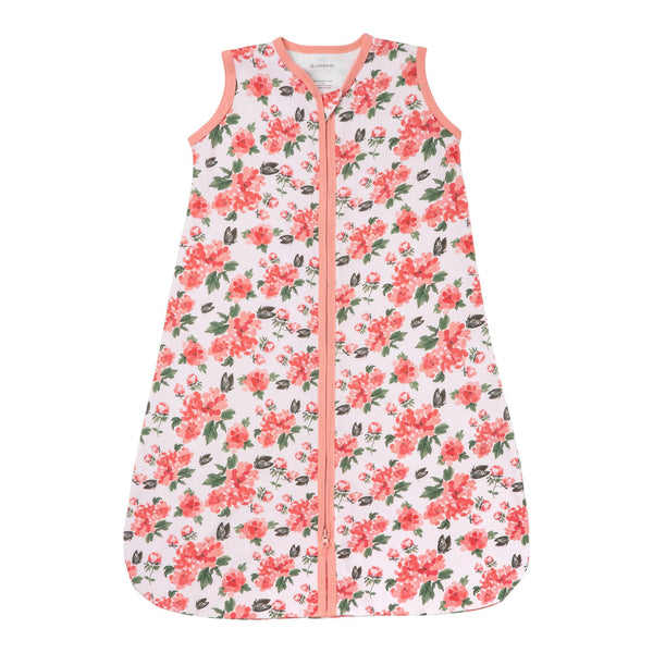 LollyBanks baby sleep sack in pink peony print, breathable cotton for calm nights.