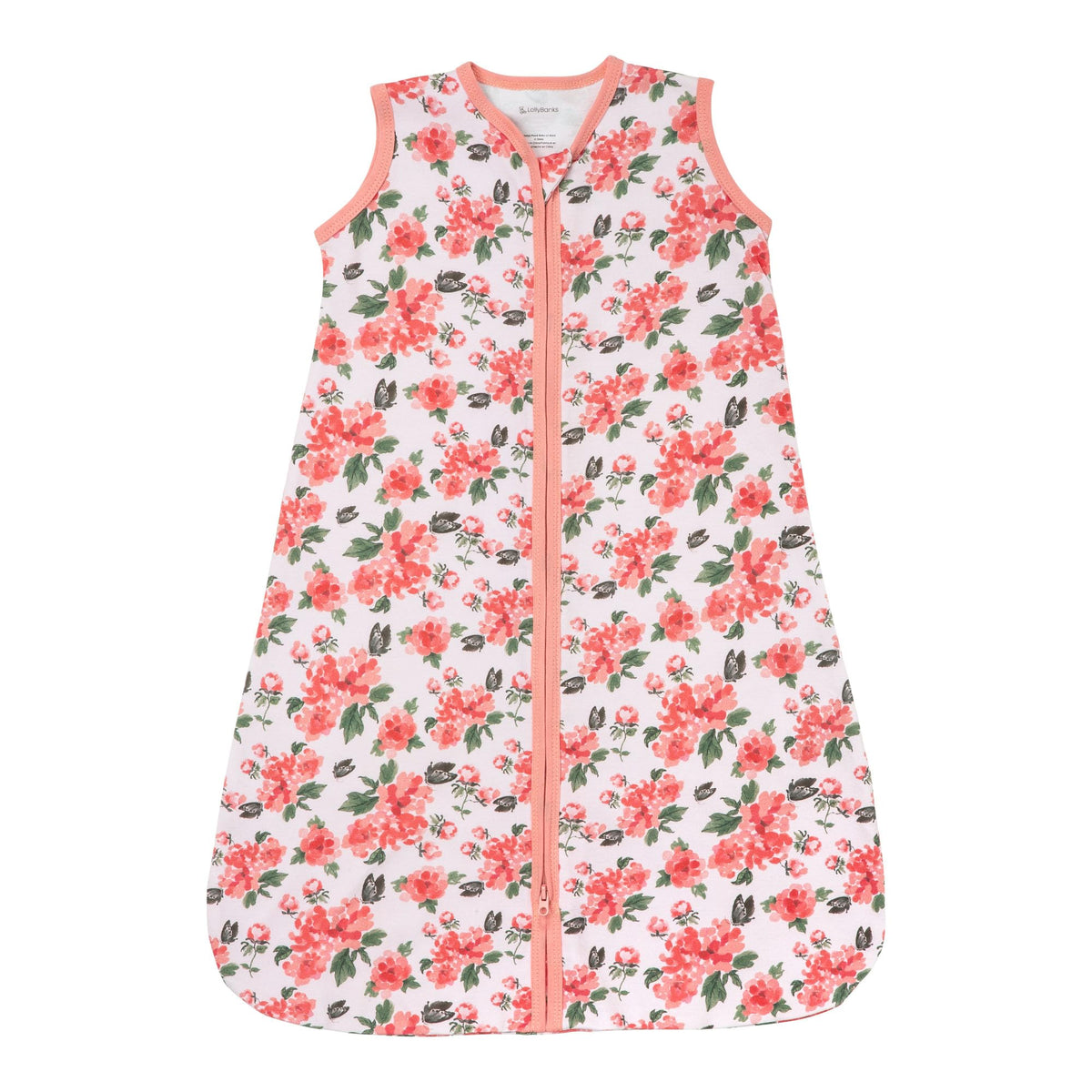 LollyBanks baby sleep sack in pink peony print, breathable cotton for calm nights.