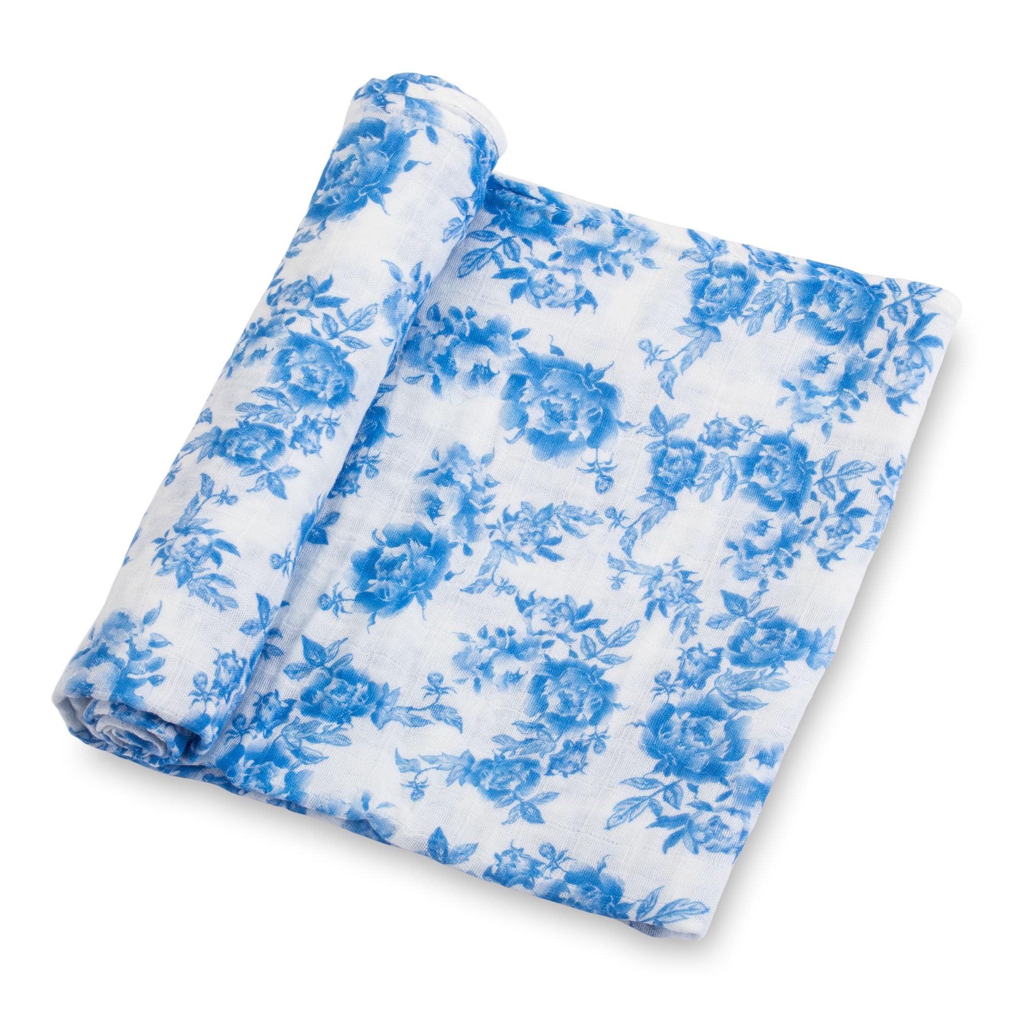 LollyBanks baby swaddle blanket in blue peony print, soft breathable muslin for newborn snug evenings.