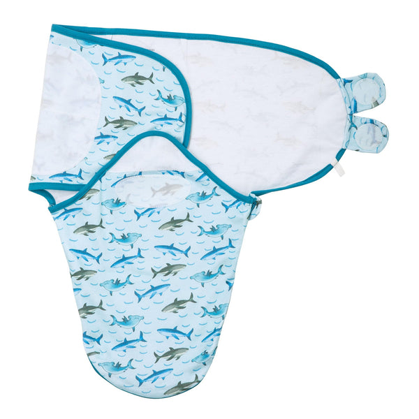 LollyBanks shark print baby swaddle front view for secure sleep