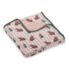 LollyBanks bear-print muslin blanket in nursery, perfect for cozy snuggles.