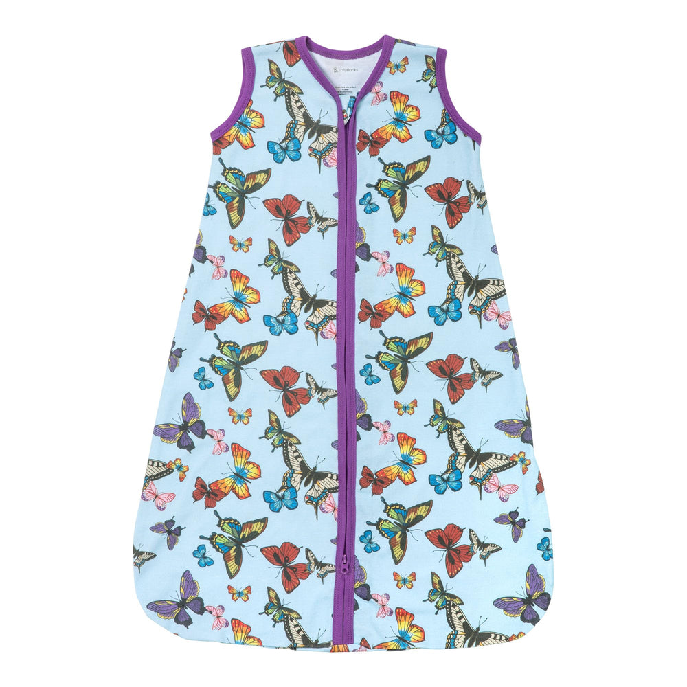 LollyBanks butterfly-print sleep sack on baby, breathable cotton for cozy sleep.