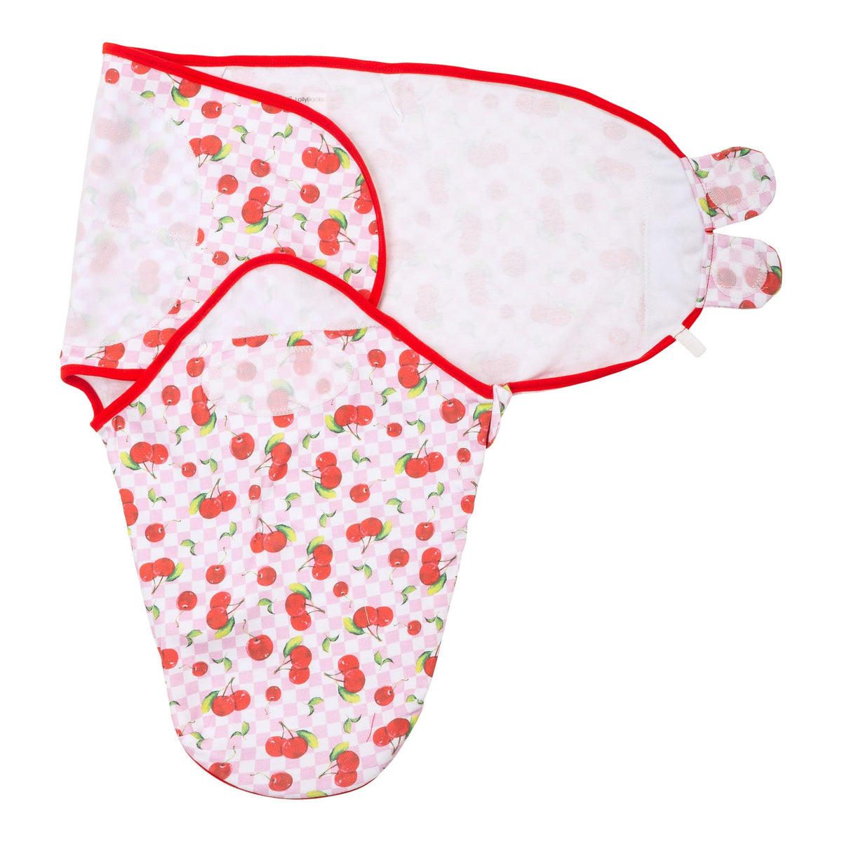 LollyBanks cherry print swaddle flatlay promoting breathable, cozy naps