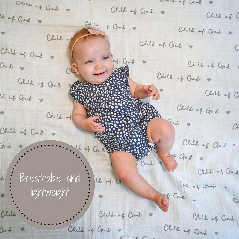 LollyBanks Child of God print swaddle design featured in a peaceful nursery decor
