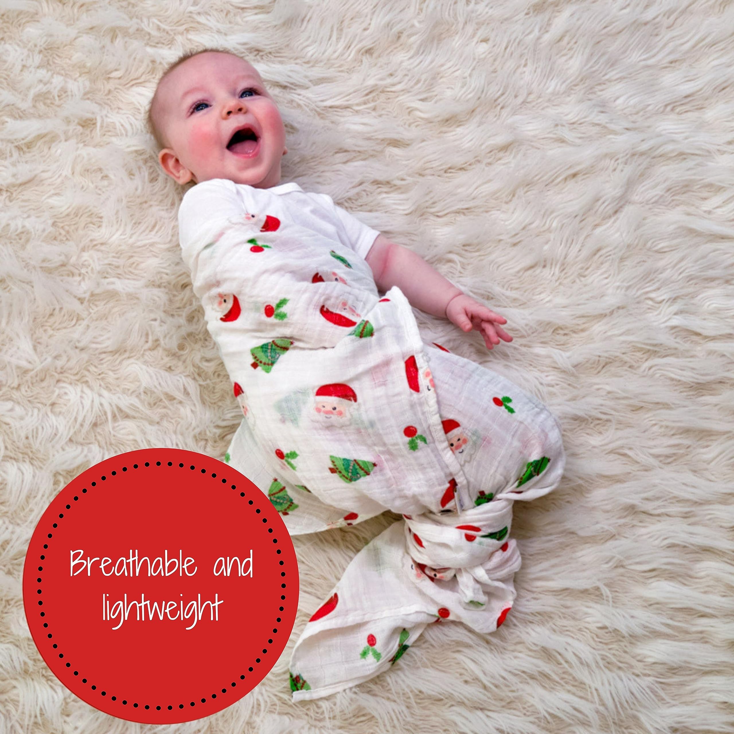 LollyBanks Christmas tree swaddle—breathable cotton for daily snuggles and warmth.