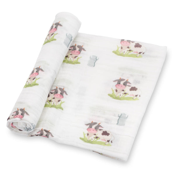 LollyBanks cow print swaddle blanket for cozy farm inspired snuggles