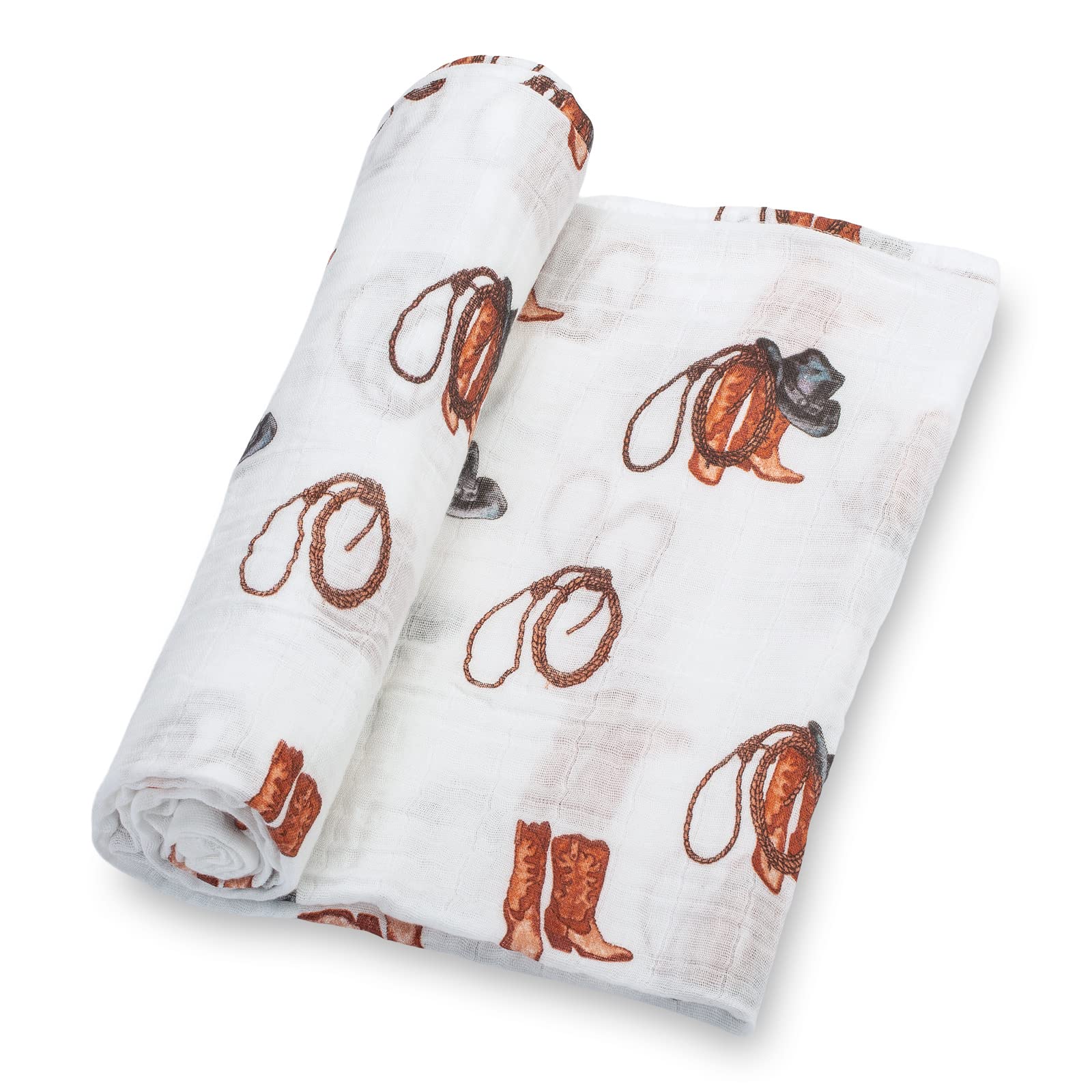 LollyBanks cowboy boot print swaddle closeup showing playful pattern and fabric texture