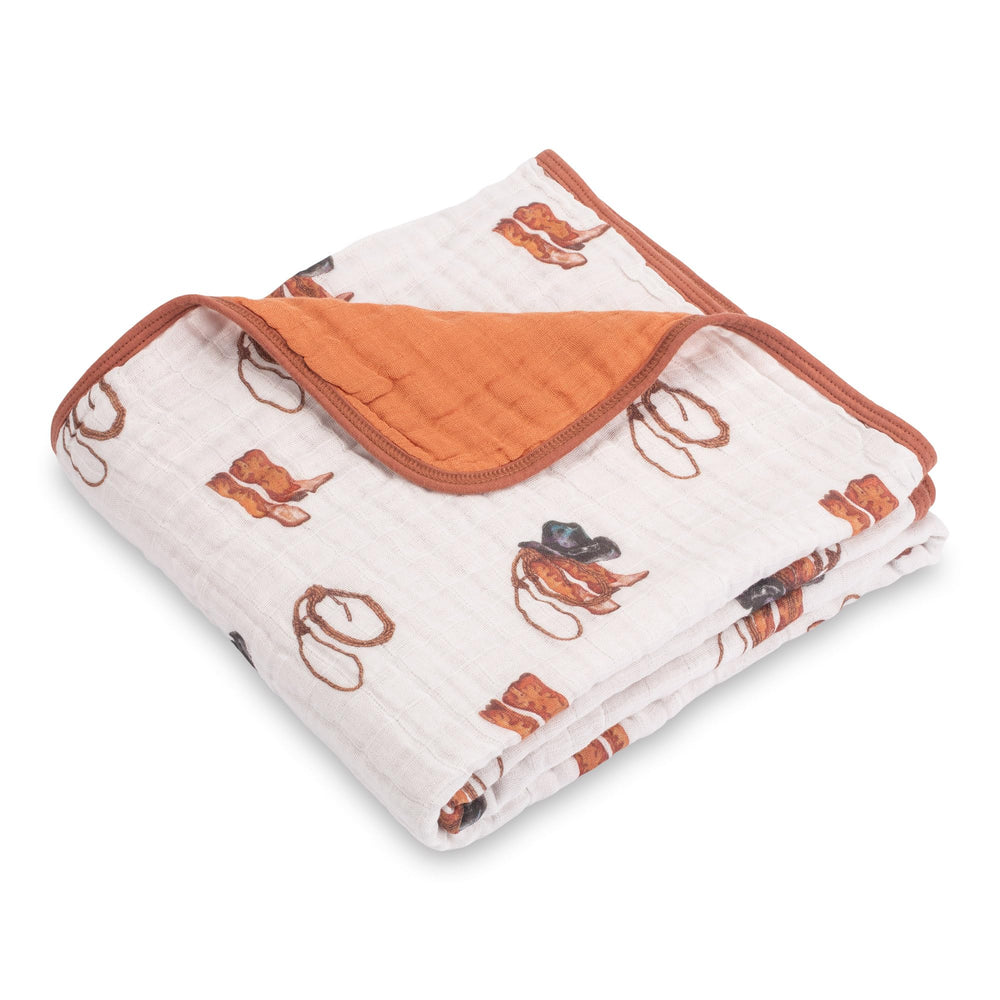 LollyBanks cowboy-print muslin blanket, cozy 47x47 size for nursery snuggles.