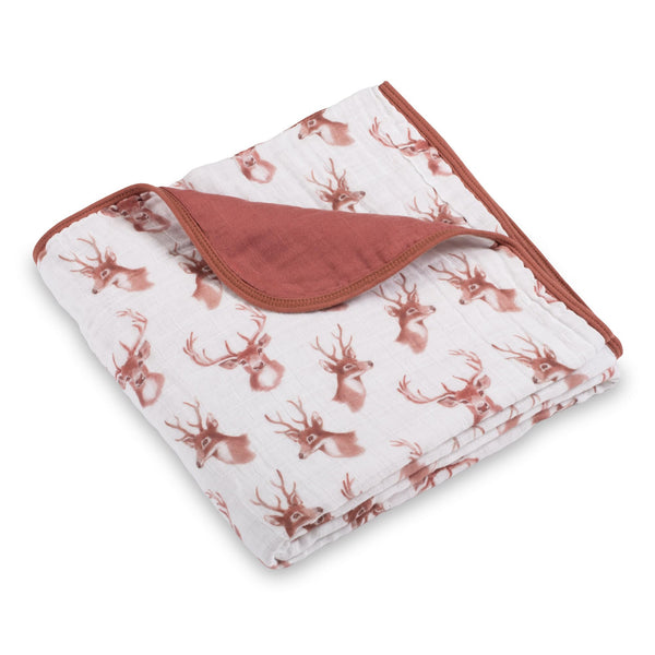 LollyBanks deer head print blanket close-up showing soft muslin texture for cozy hugs