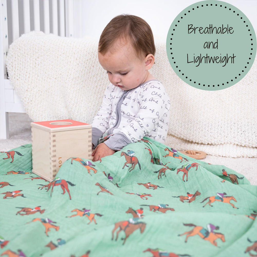 LollyBanks derby print swaddle doubles as burp cloth and nursery decor.