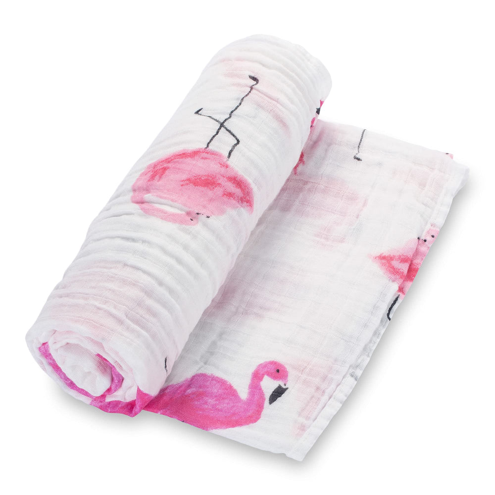LollyBanks flamingo print swaddle blanket in soft cotton for a playful, cozy baby wrap
