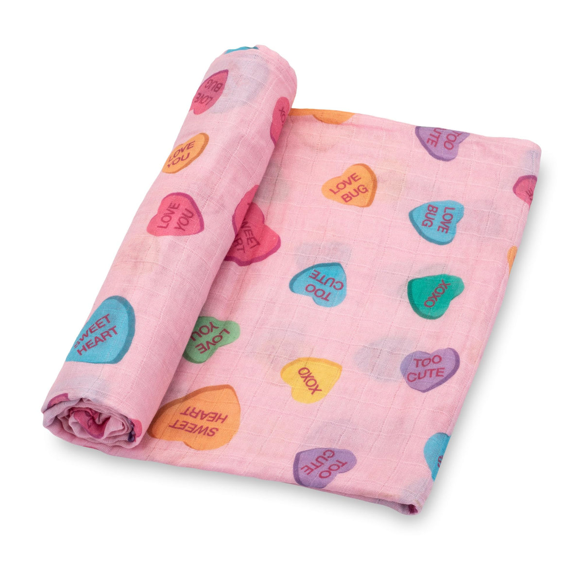 LollyBanks heart print muslin swaddle close-up for cozy newborn swaddling.