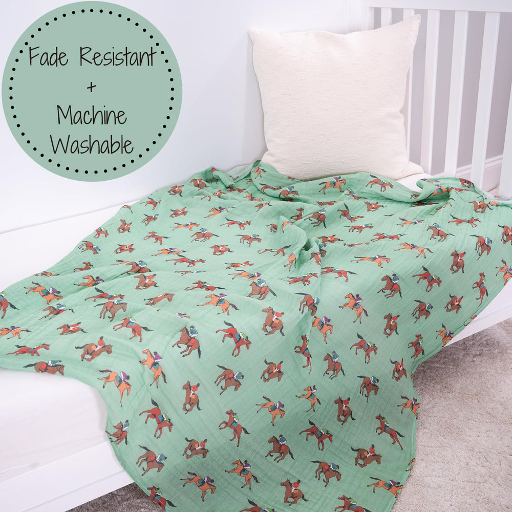 LollyBanks horse racing print swaddle suitable for day-to-night baby needs.