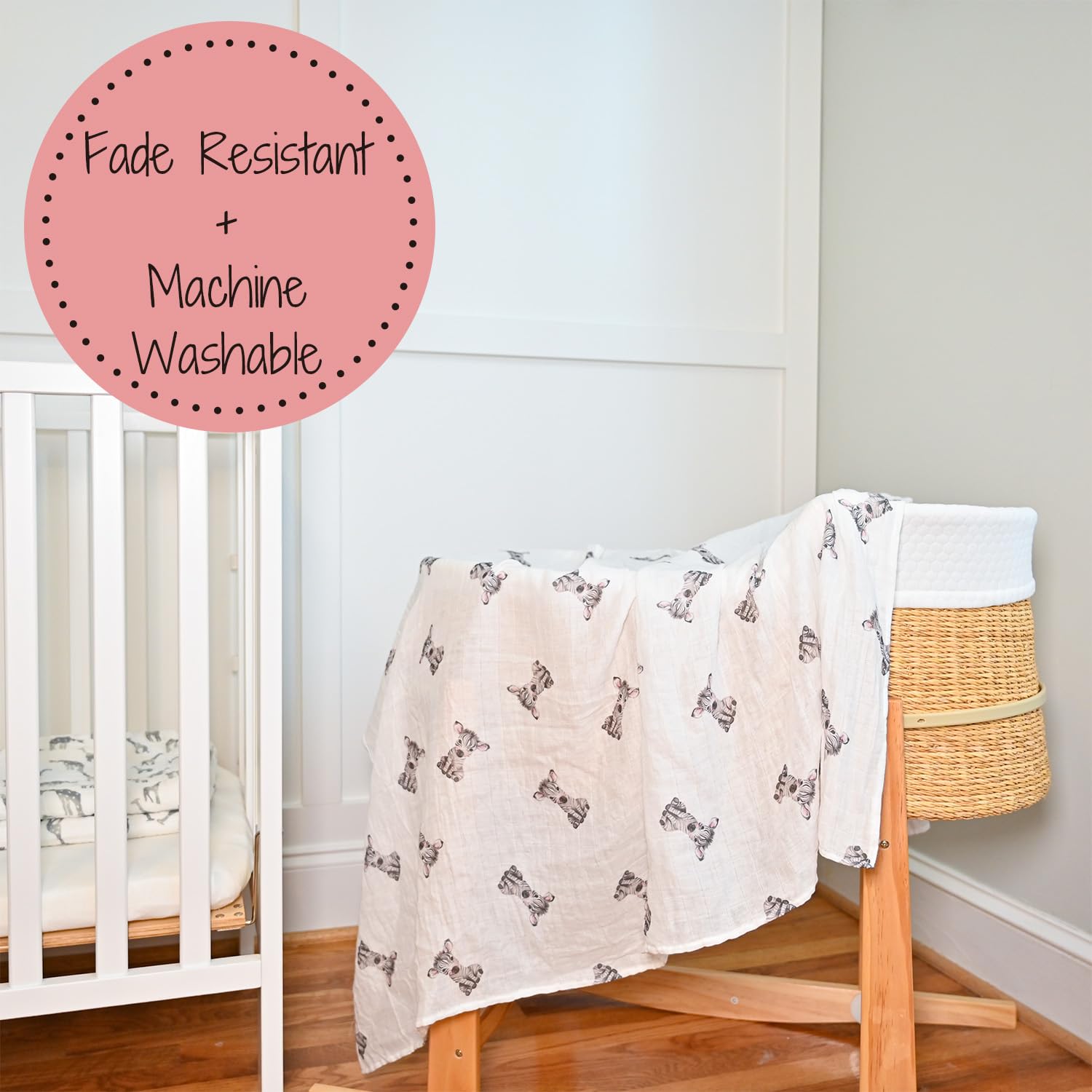 LollyBanks 47x47 swaddle shown for burps, snuggles, and diaper bag convenience.