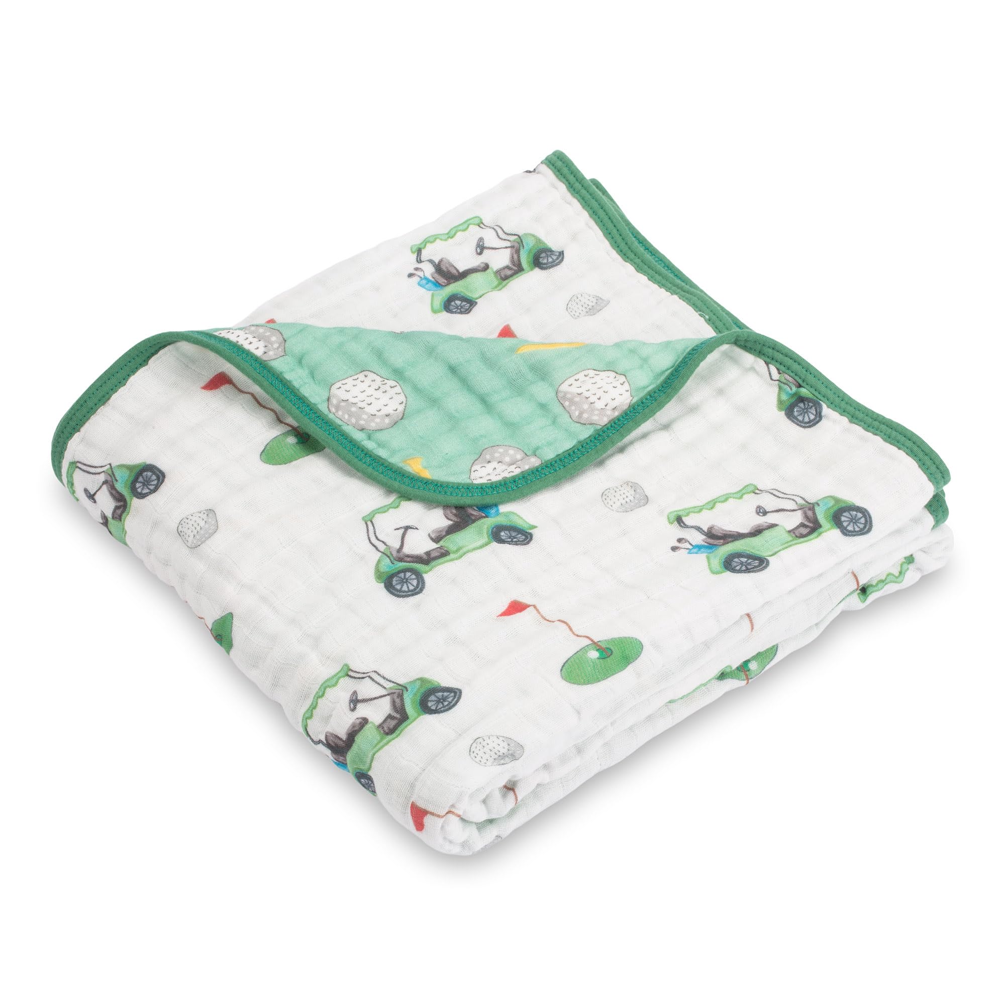 LollyBanks muslin baby blanket with golf print, cozy for crib and stroller.