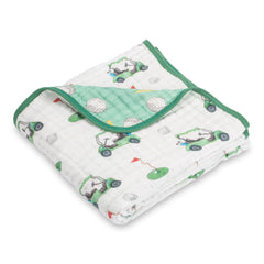 LollyBanks muslin baby blanket with golf print, cozy for crib and stroller.