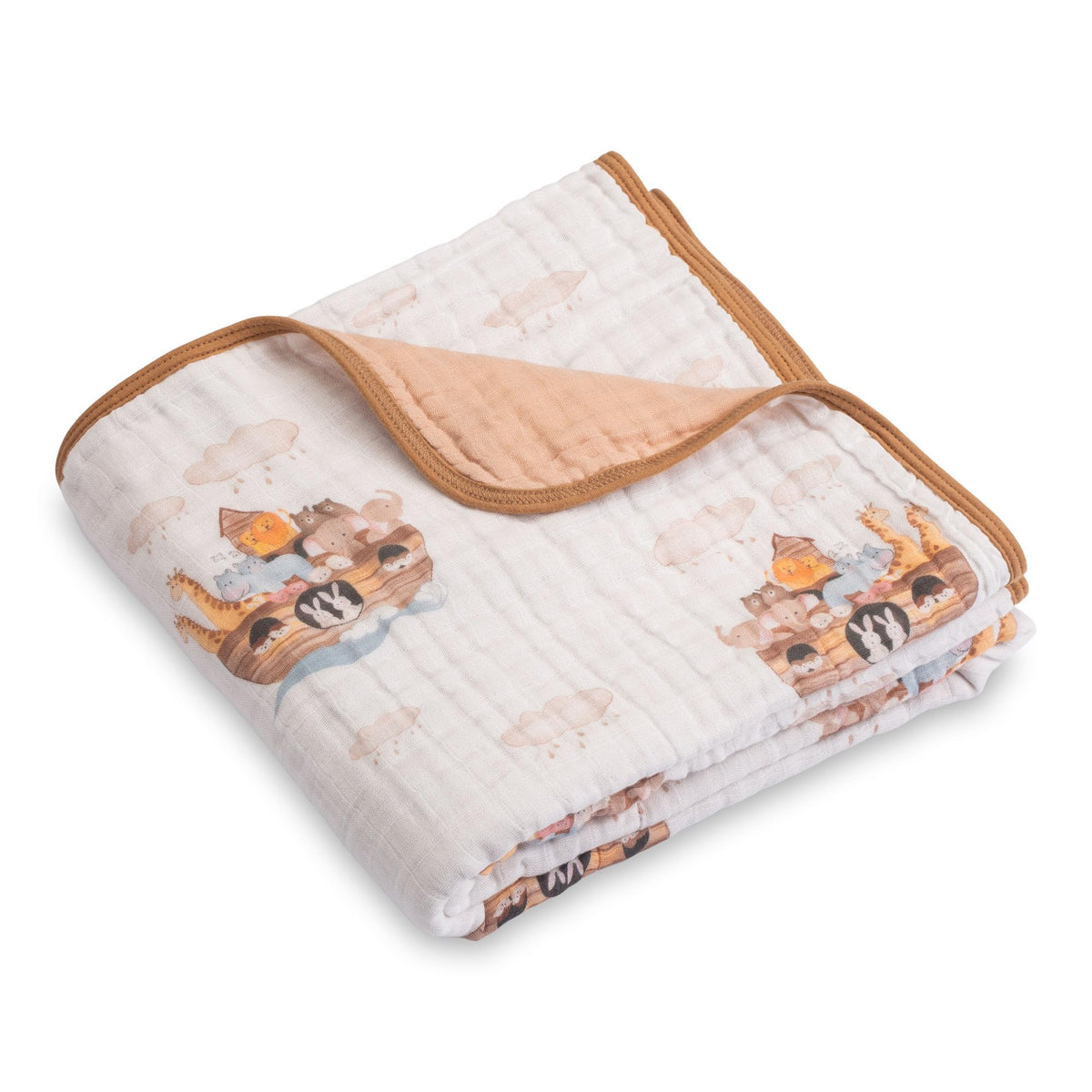 LollyBanks Noah's Ark pattern muslin blanket adds cozy nursery charm.