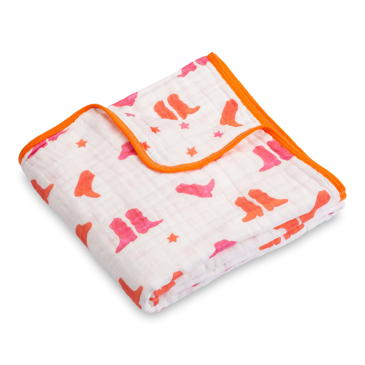 LollyBanks muslin blanket with pink cowboy boots design provides cozy nursery warmth.