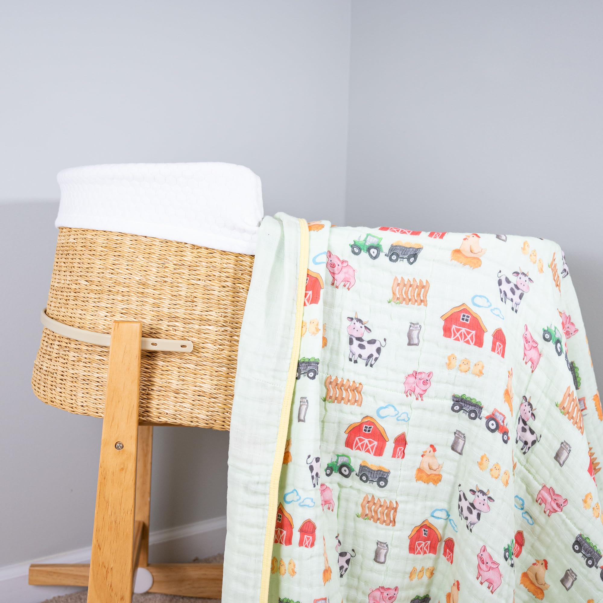 LollyBanks farm print blanket close-up highlights soft muslin texture