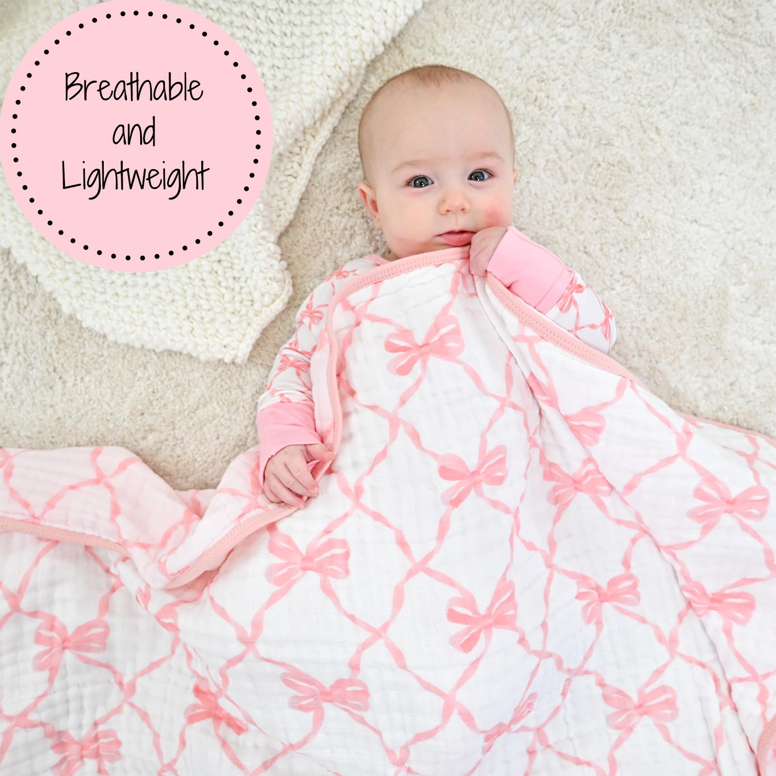 LollyBanks muslin blanket 47x47 size displayed in a nursery layout.