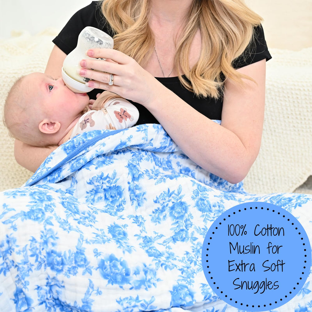 LollyBanks muslin blanket highlights six-layer warmth for cozy newborn to toddler comfort.