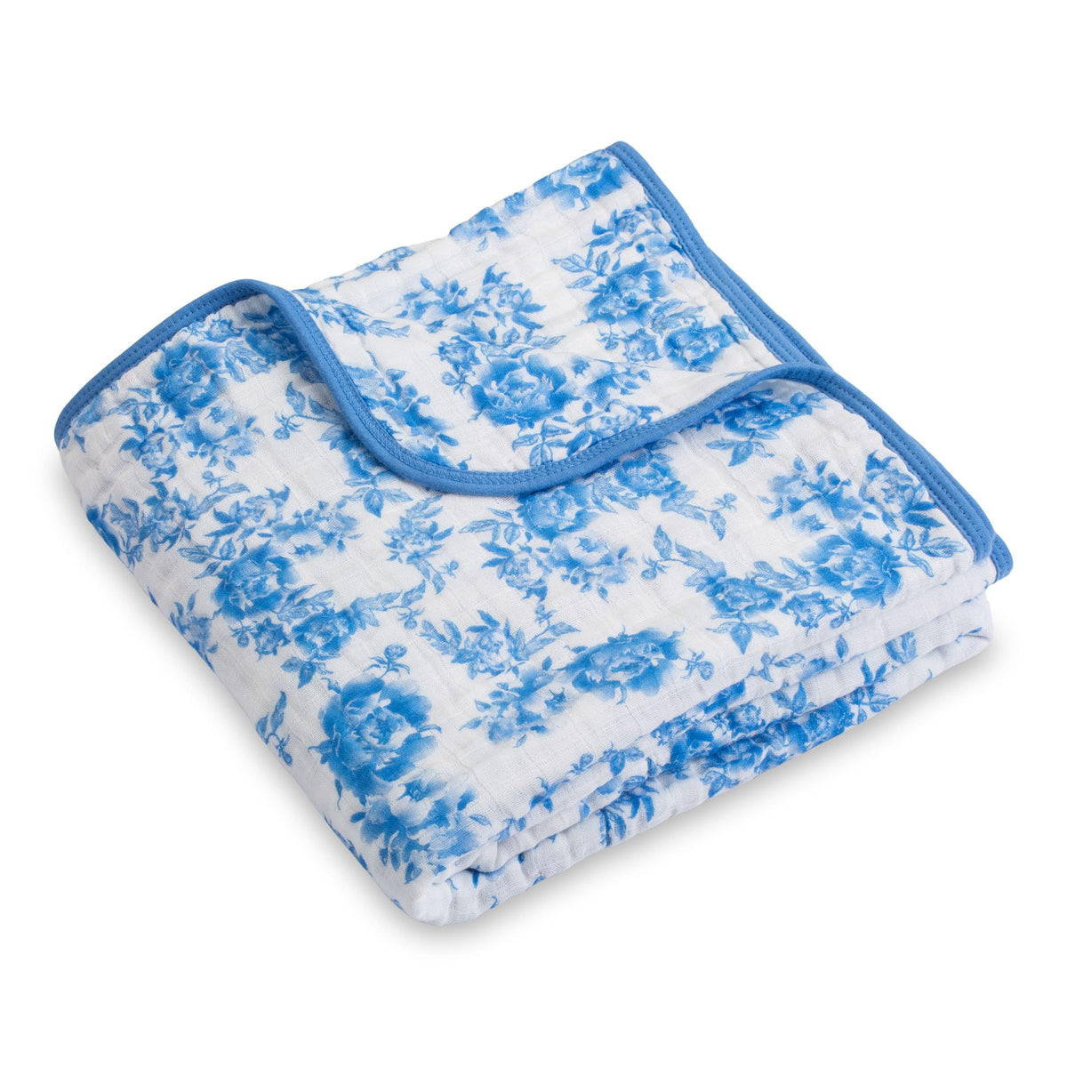 LollyBanks muslin blanket with blue peony design for serene nursery décor and gentle warmth.