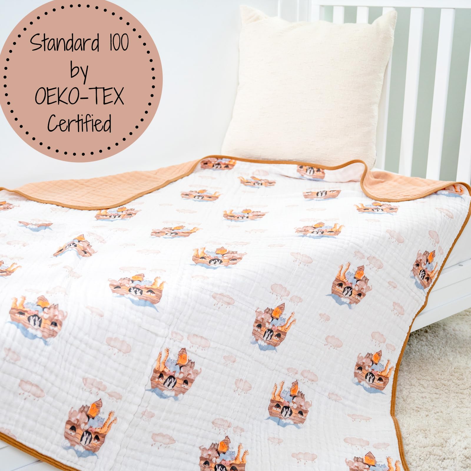 LollyBanks muslin blanket demonstrates machine-washable durability for busy families.