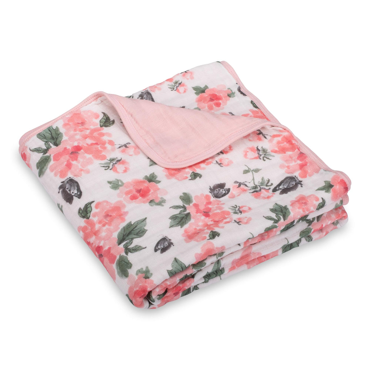 LollyBanks muslin blanket pink peony print, breathable comfort for baby.