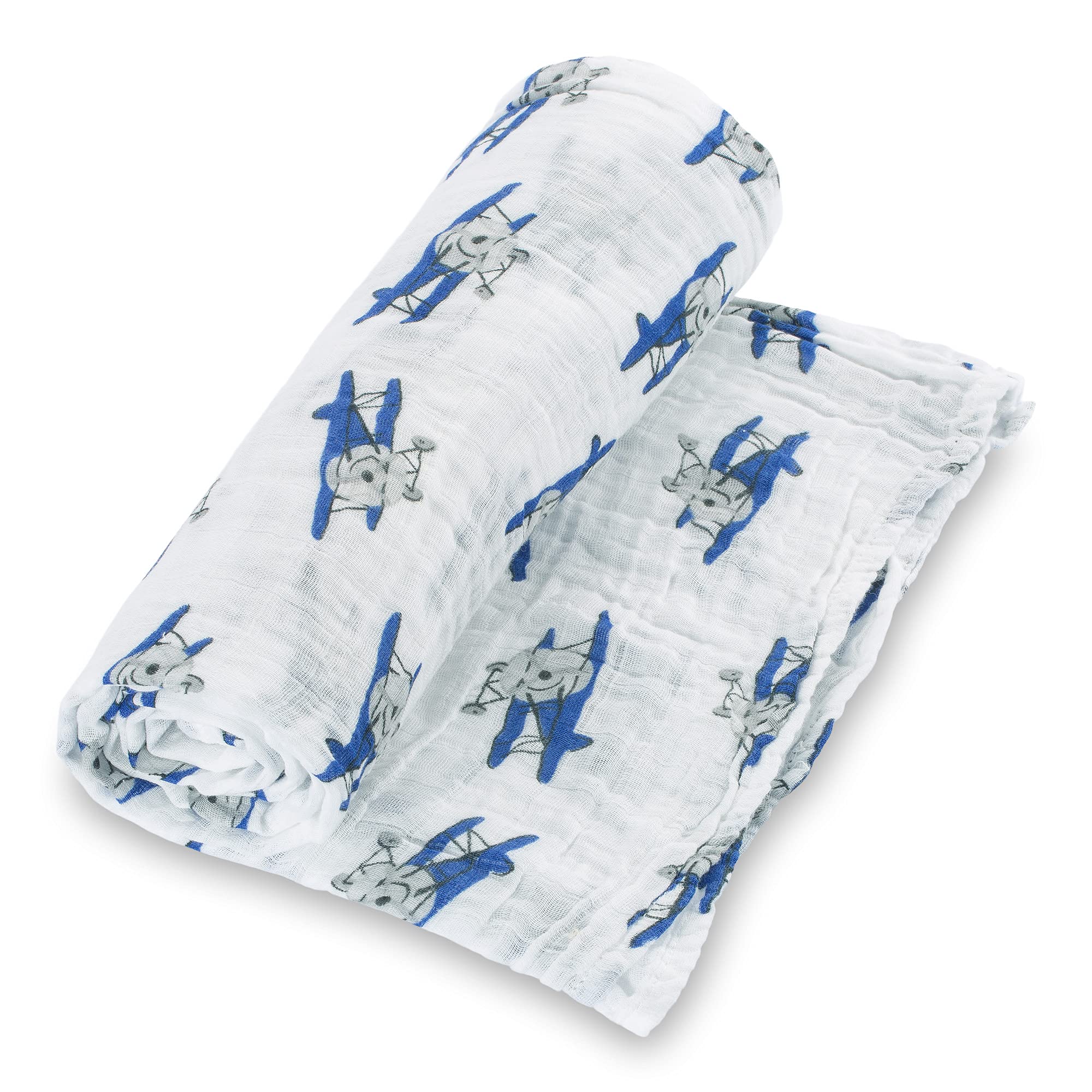 LollyBanks muslin swaddle airplane print, breathable wrap for newborn comfort.