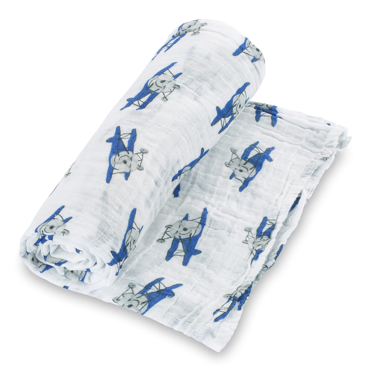 LollyBanks muslin swaddle airplane print, breathable wrap for newborn comfort.