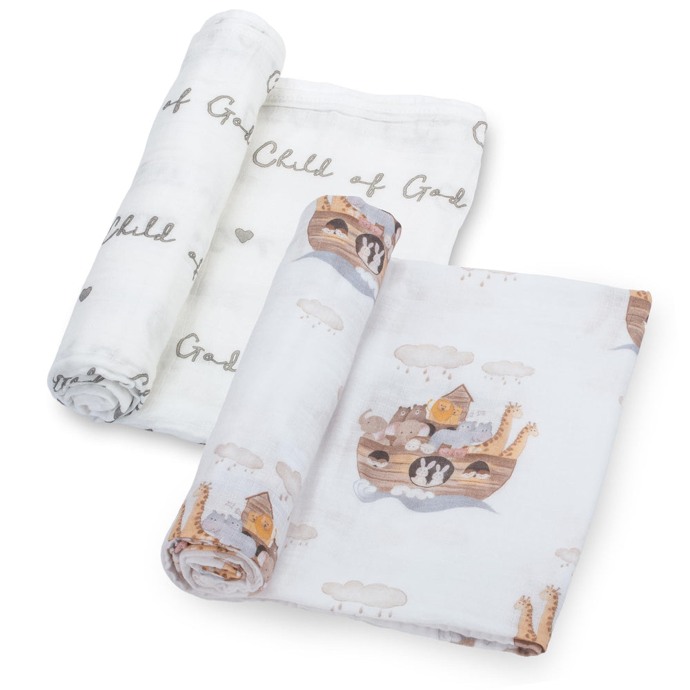 LollyBanks ark-animals swaddle close-up showing friendly animal scene for nap time