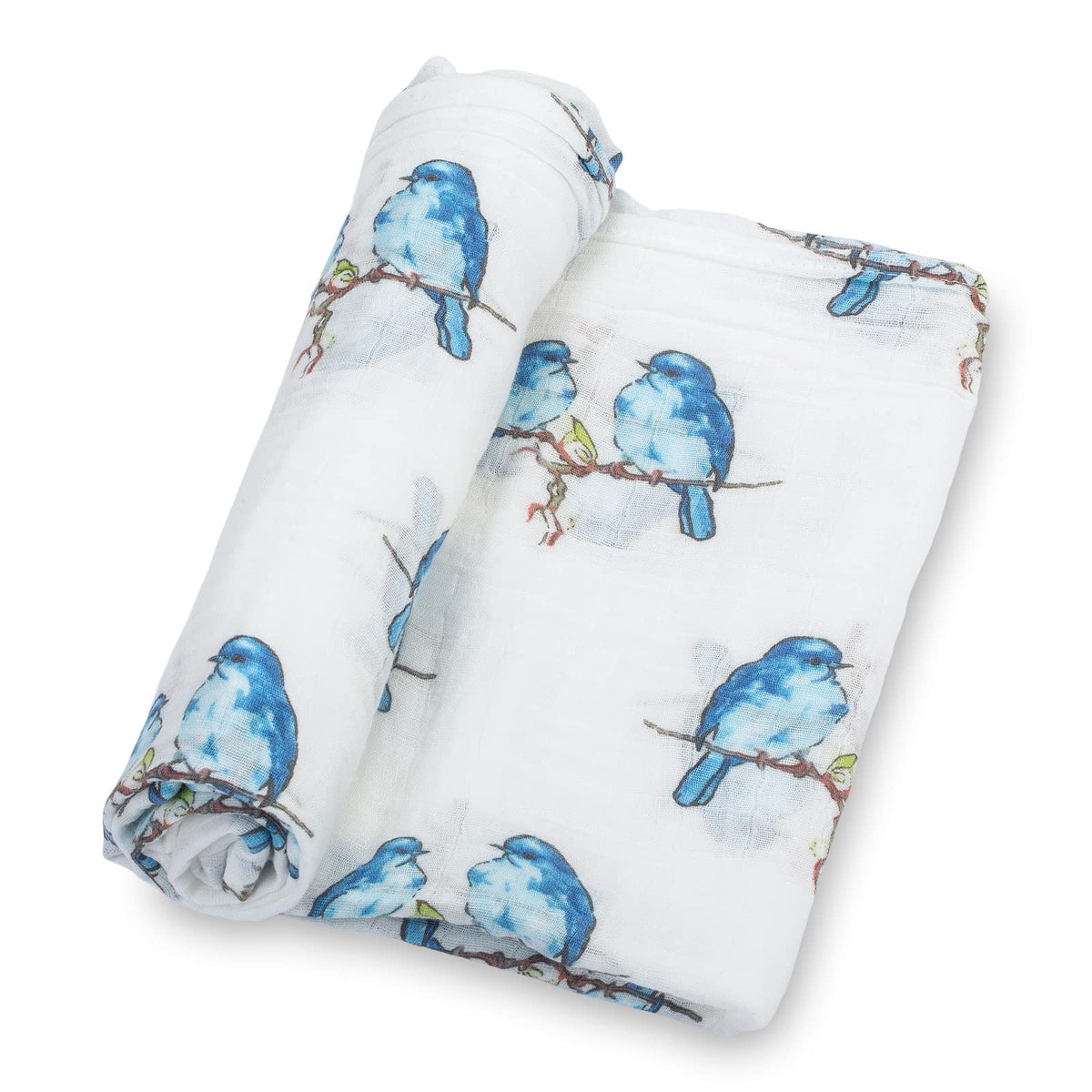 LollyBanks muslin swaddle blanket with bluebird print provides soft warmth for baby cuddles.