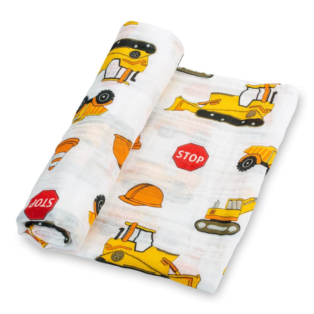 LollyBanks muslin swaddle blanket with construction print for playful newborn visuals.