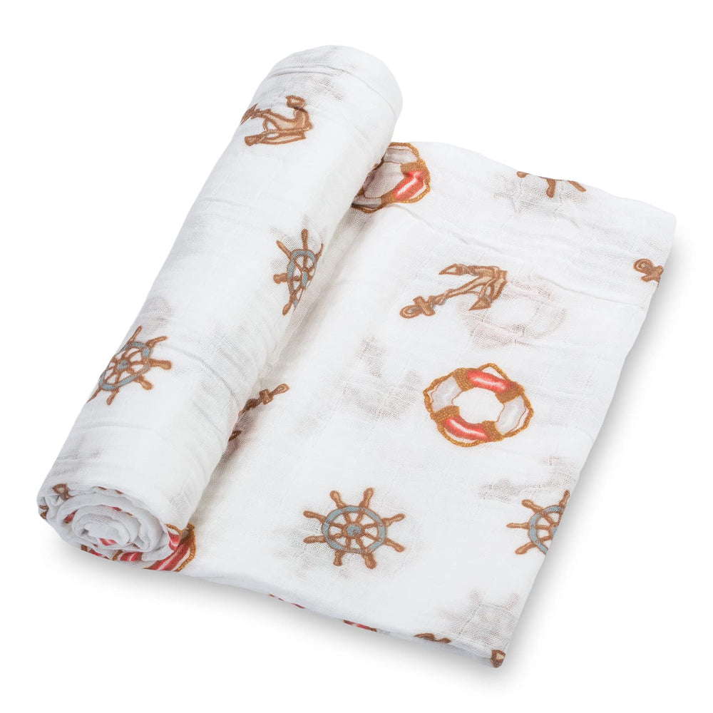 LollyBanks muslin swaddle with boat anchor print for soothing bedtime style