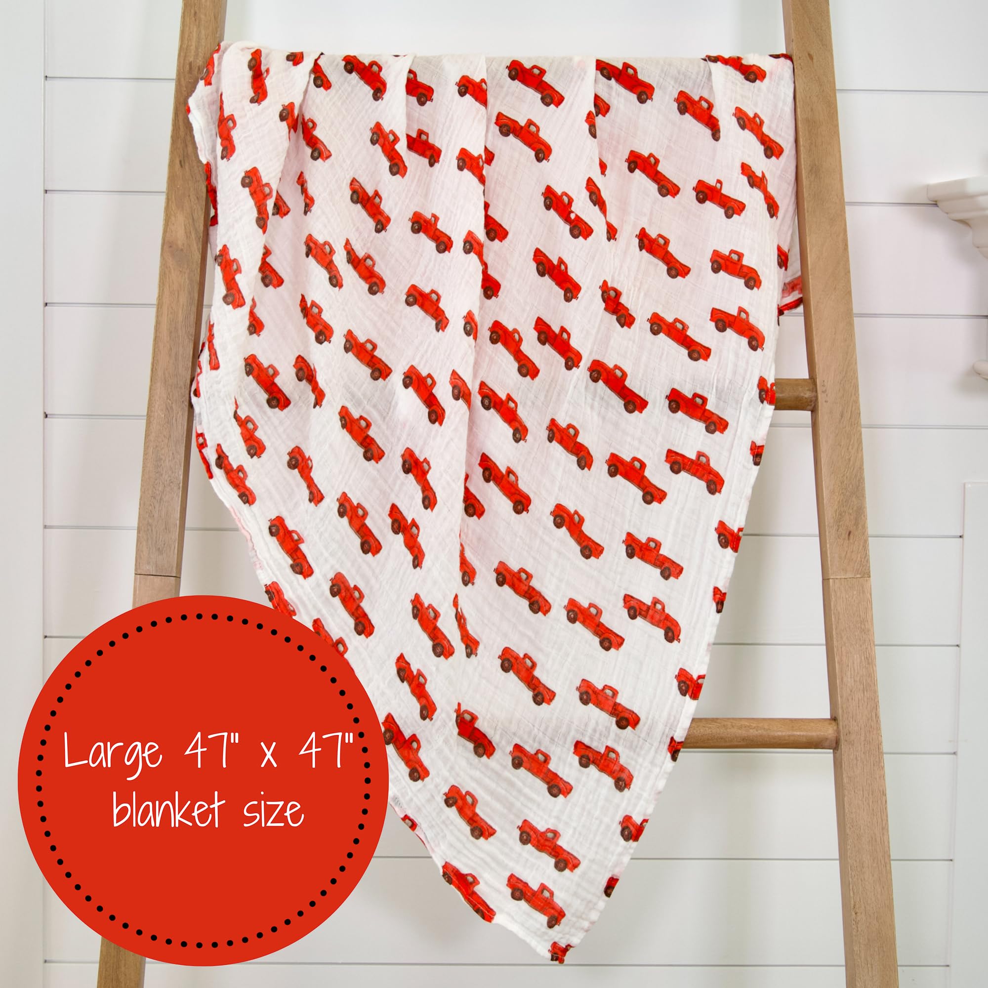 LollyBanks muslin swaddle blanket shown as machine washable and easy-care.