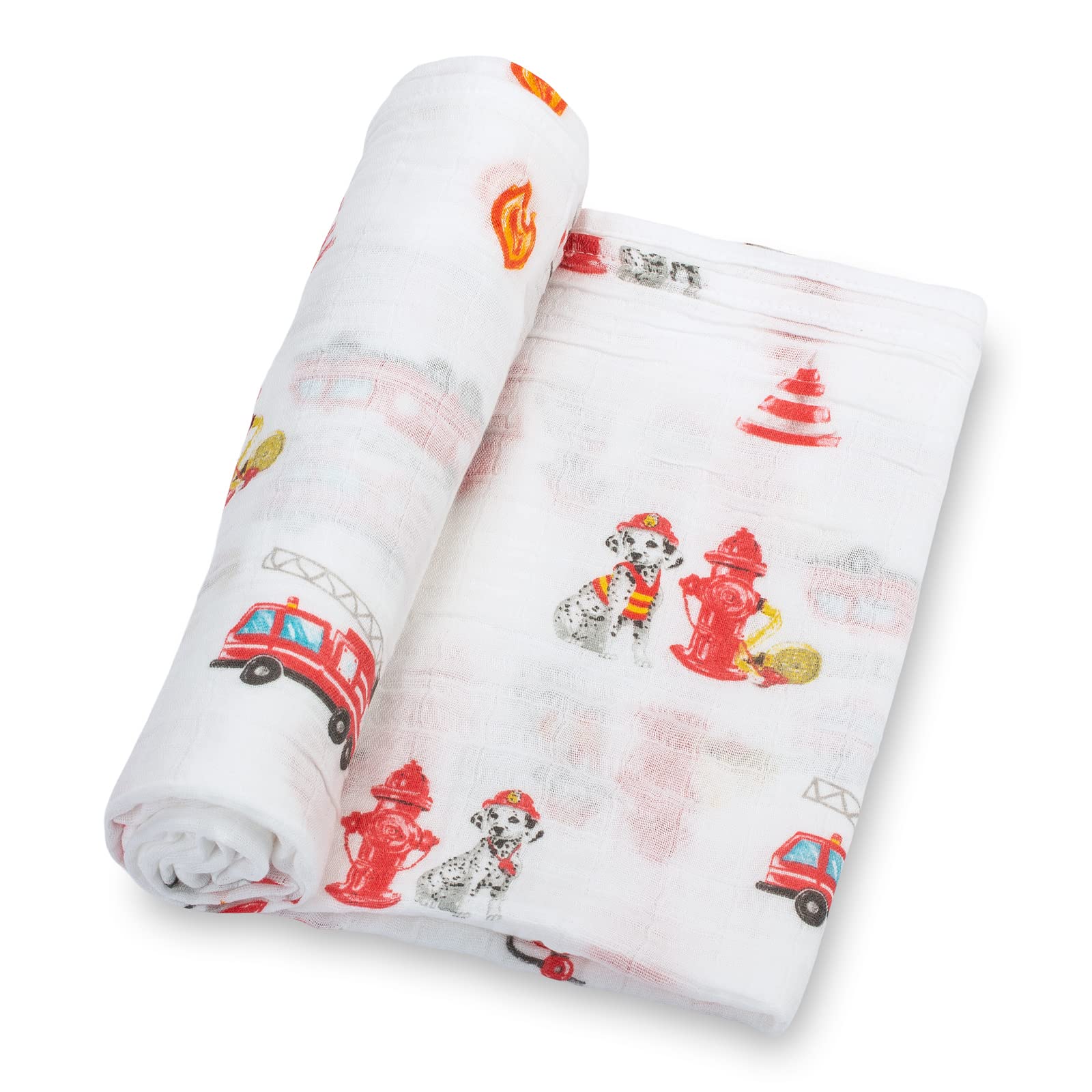 LollyBanks muslin swaddle with fireman dog print keeps newborn snug