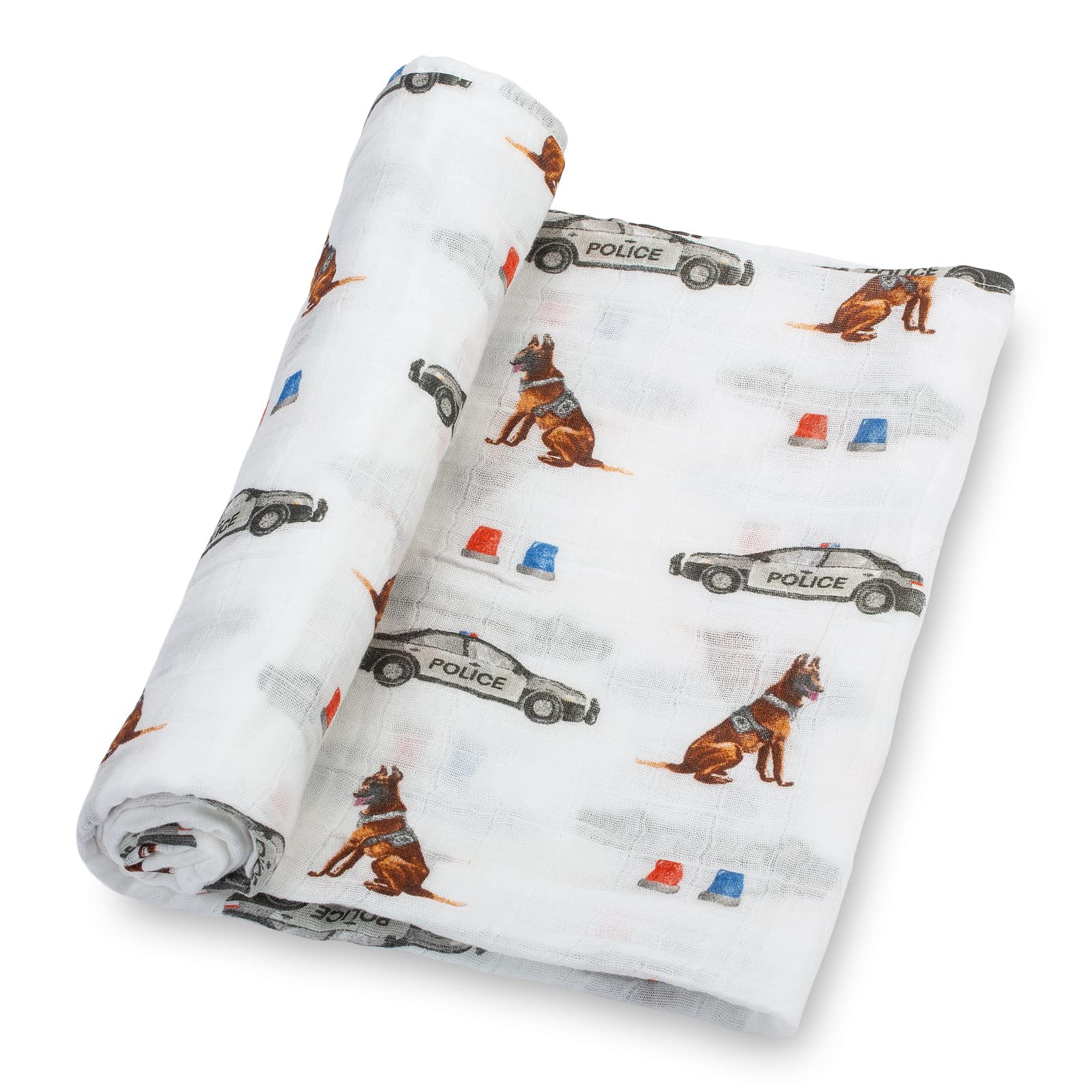 LollyBanks Police Dog Print muslin swaddle blanket for newborns with breathable fabric