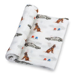 LollyBanks Police Dog Print muslin swaddle blanket for newborns with breathable fabric