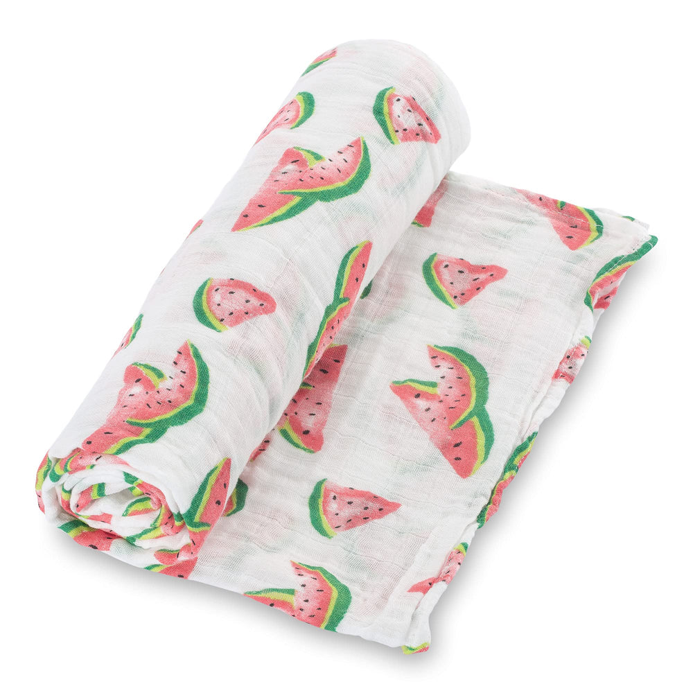 LollyBanks watermelon-print muslin swaddle blanket keeps baby snug during stroller outings