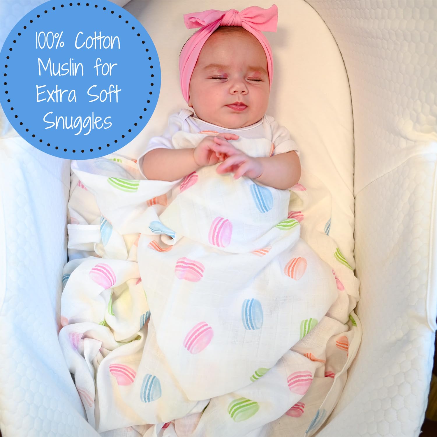 LollyBanks neutral macarons print swaddle used as nursery decor