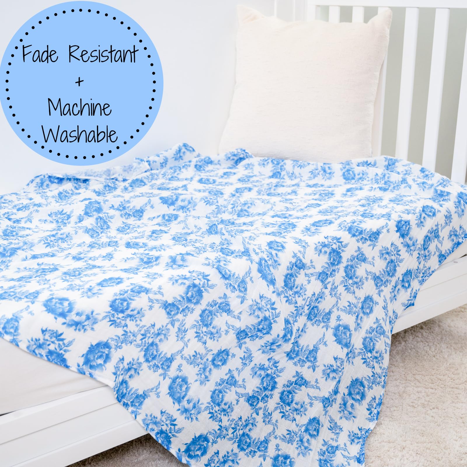 LollyBanks blue peony nursery decor blanket adds elegance to the nursery.