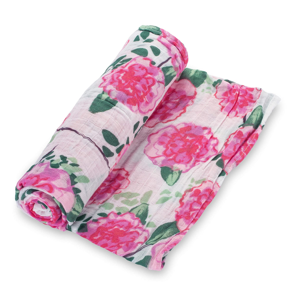LollyBanks Peony Print swaddle blanket seen draped over a crib, breathable and cozy.