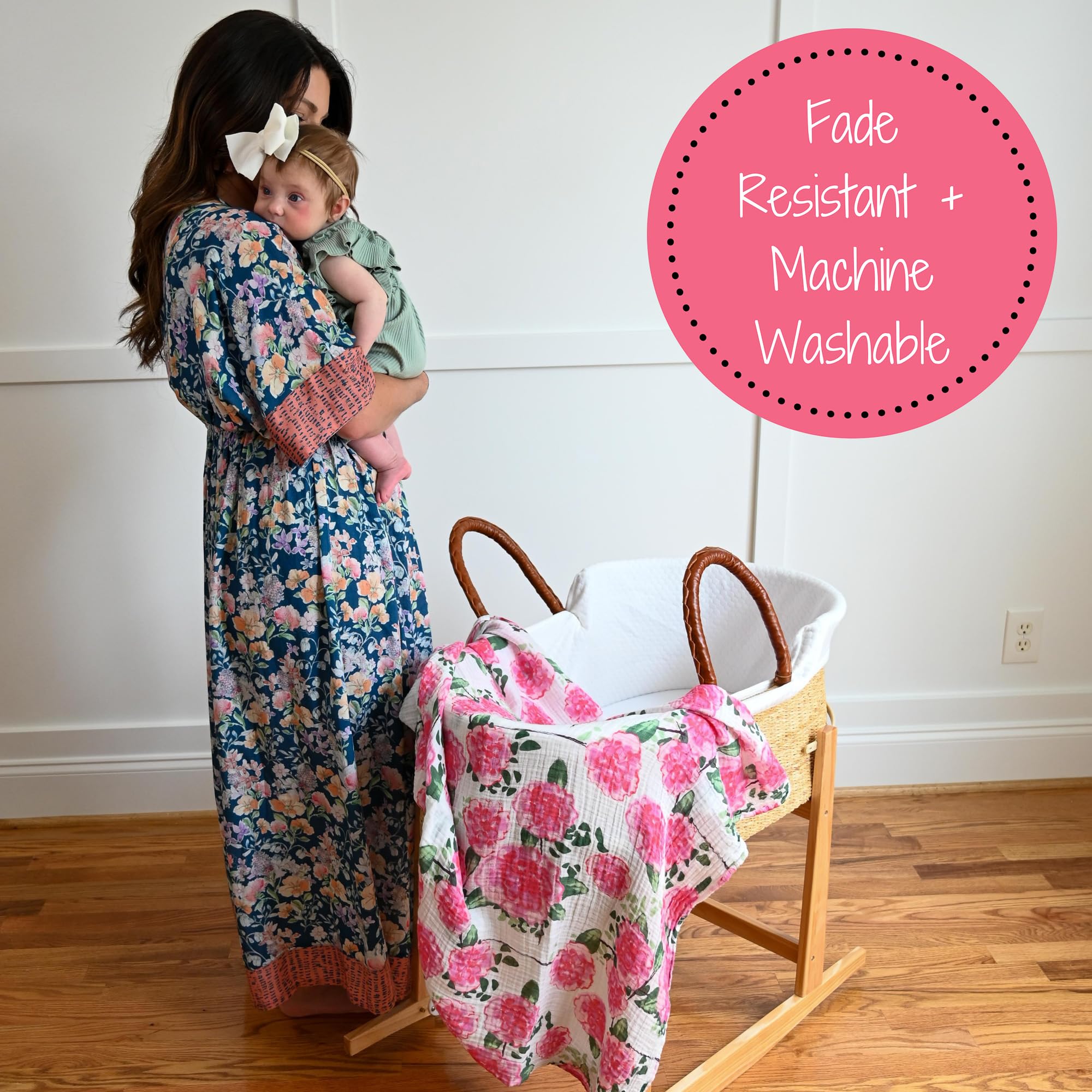 Machine-washable cotton muslin swaddle, easy care after diaper bag trips.