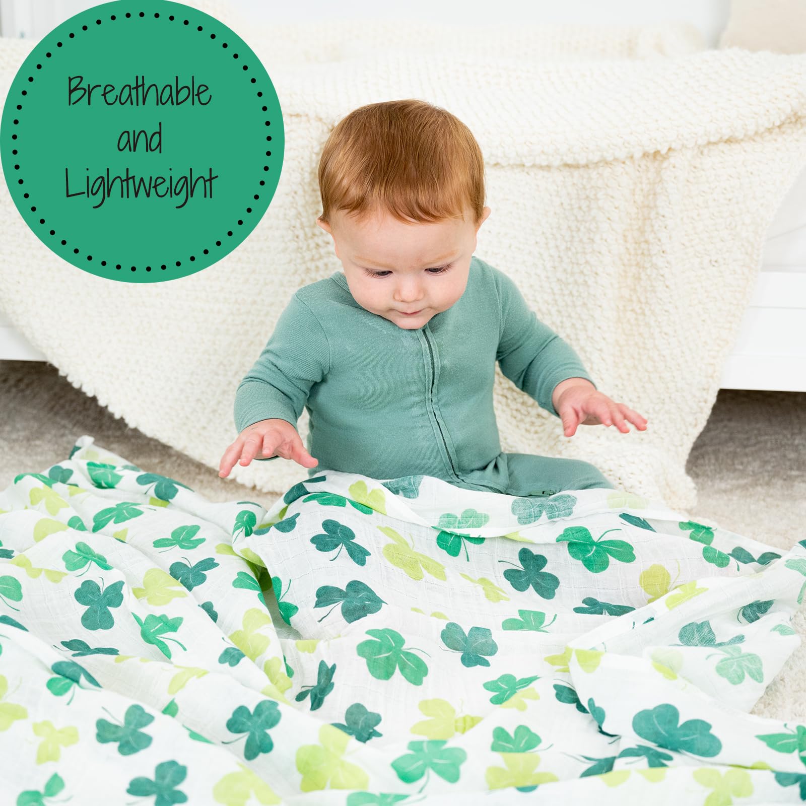 LollyBanks Shamrock Swaddle wrapped baby illustrates cozy, breathable comfort