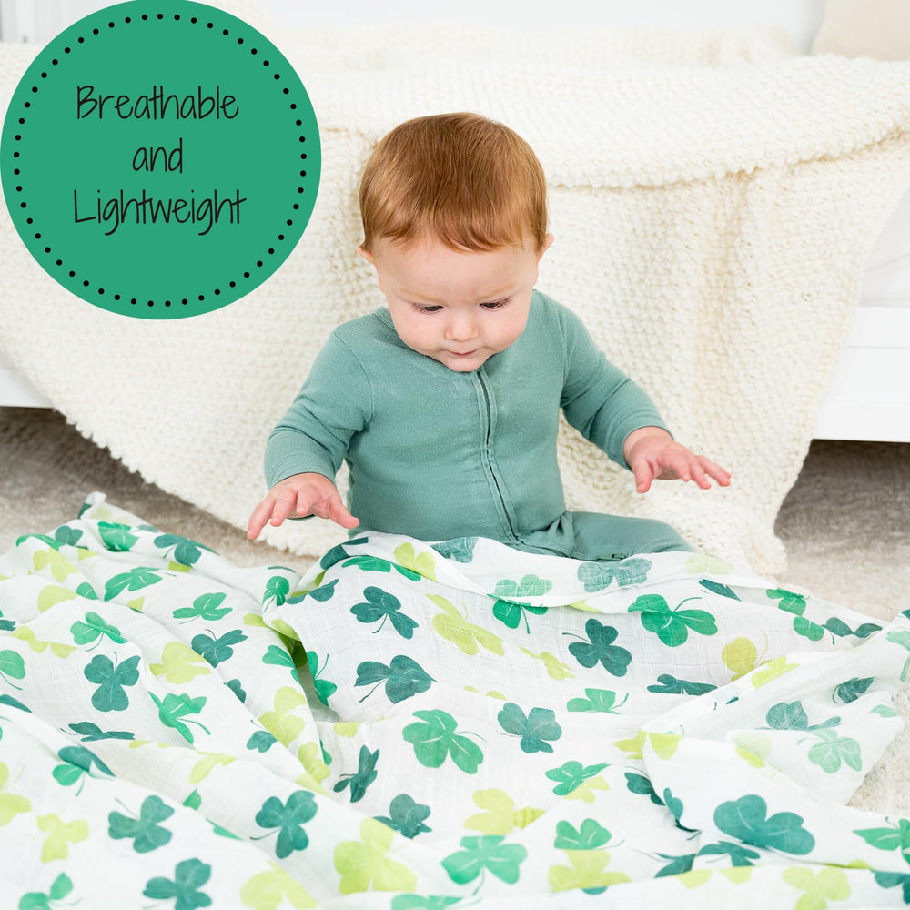 LollyBanks Shamrock Swaddle wrapped baby illustrates cozy, breathable comfort
