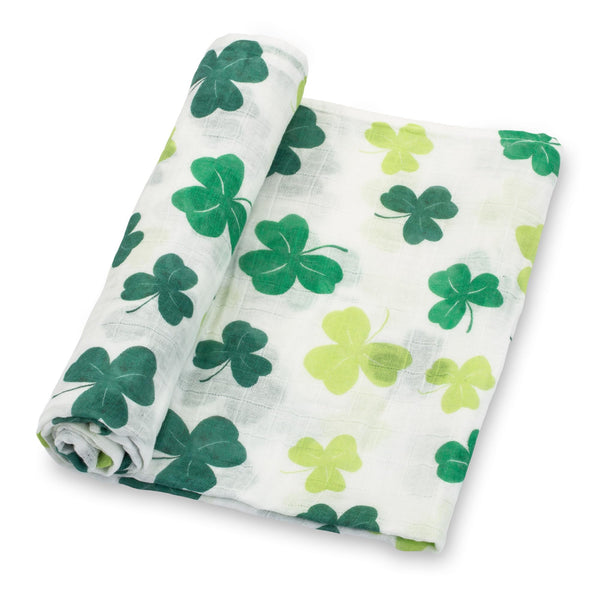 LollyBanks Shamrock Swaddle packaging front shows brand for registry-worthy look