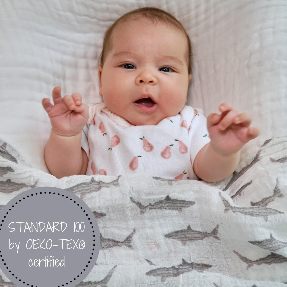 LollyBanks shark-print swaddle in a nursery setting for playful decor.