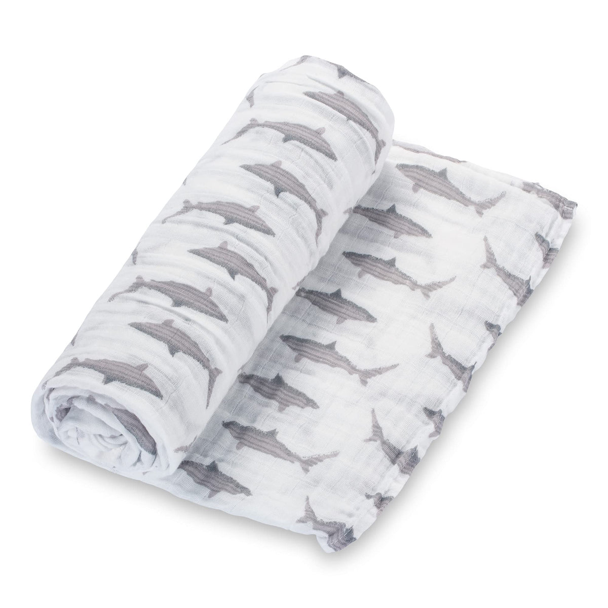 LollyBanks shark-print swaddle blanket keeps baby cozy and secure.