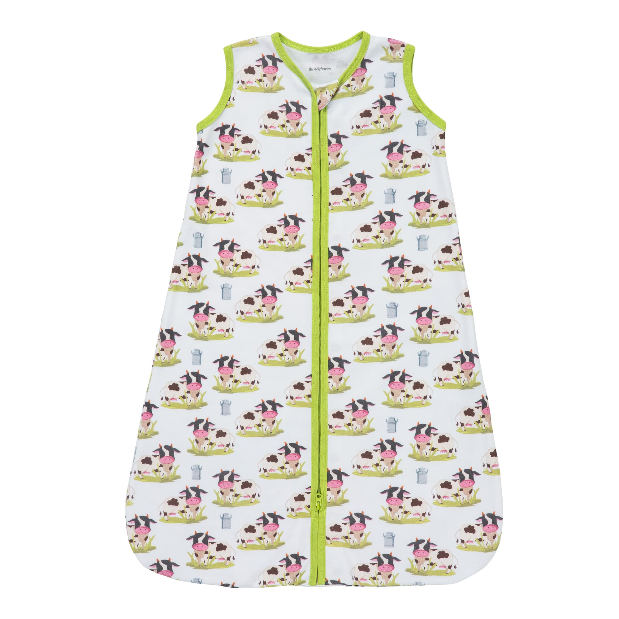 LollyBanks cow-print sleep sack front view, cozy cotton feel